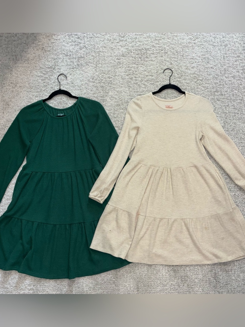 Cat & Jack Ribbed Tiered Long-Sleeve Dress in Forest Green and Cream